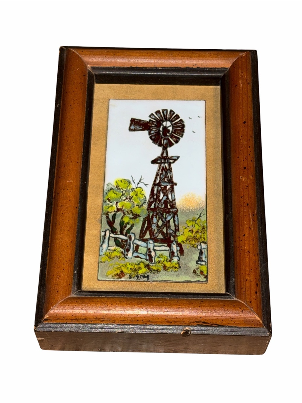 Miniature Framed Windmill Mixed Media Wall Art - Brown and Green